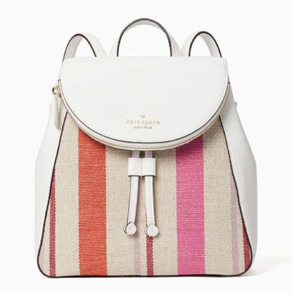 Kate Spade Leila Flap Striped Canvas Backpack Pebbled Leather Pink White main image 5